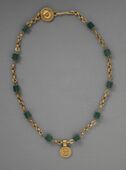 Necklace with a medallion depicting a goddess; 30-300; green glass (the green beads) and gold; length: 43.82 cm; Los Angeles County Museum of Art