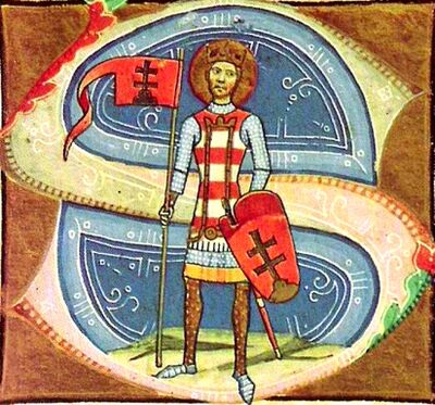 Chronicon Pictum, Hungarian, Hungary, King Stephen, double cross, Hungarian coat of arms, Árpád stripes, medieval, chronicle, book, illumination, illustration, history