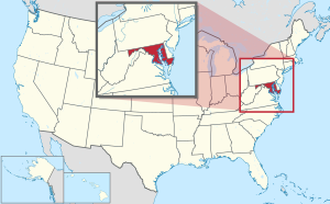 خريطة الولايات المتحدة، موضح فيها Maryland