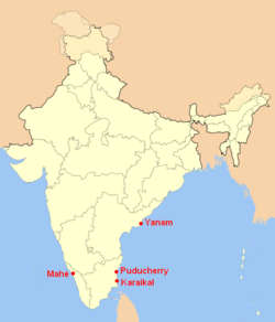موقع پودوچري (بالأحمر) في الهند.