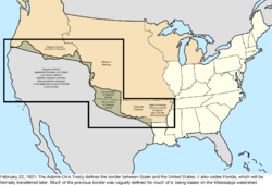 Map of the change to the United States in central North America on February 22, 1821