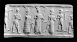 Old Babylonian cylinder seal impression depicting Shamash surrounded by worshippers (ح. 1850-1598 BC)