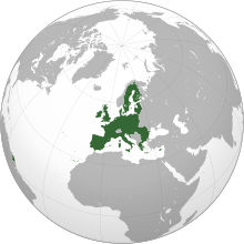 خريطة العالم موضح عليها الإتحاد الأوروپي واالدول الأعضاء (بالأخضر).