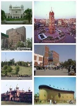 Clock-wise from top: Faisalabad Clock Tower, ميدان إقبال, Am-Tex Water Fountain, University of Agriculture, D-Ground Commercial Zone Peoples Colony Sector D, State Life and District Court.