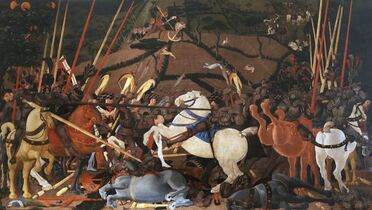 Niccolò Mauruzi da Tolentino unseats Bernardino della Carda[2] at the Battle of San Romano (dating uncertain, 1435–1455ح. 1435–1455), tempera on wood, 182 × 320 cm, Galleria degli Uffizi, Florence