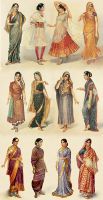 Illustration of different styles of sari, gagra choli and shalwar kameez worn by women in India