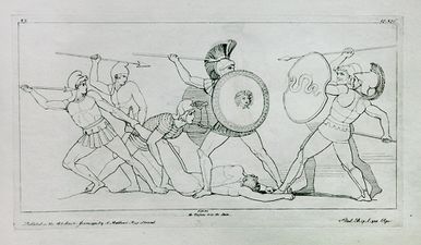 Illustration de John Flaxman gravé par Tommaso Piroli, Le Combat pour le corps de Patrocle, 1795.
