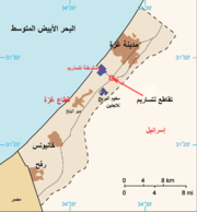 A map showing part of Israel, and to the west, the Gaza Strip and the Mediterranean Sea. To the south, part of Egypt is shown.