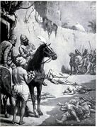 The image, in the chapter on India in Hutchison's Story of the Nations edited by James Meston, depicts the Muslim Turkic general Muhammad Bakhtiyar Khalji's massacre of Buddhist monks in Bihar, India. Khaliji destroyed the Nalanda and Vikramshila universities during his raids across North Indian plains, massacring many Buddhist and Brahmin scholars.[148]