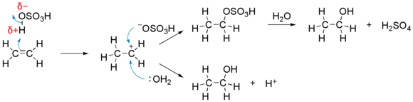Electrophilic reaction of sulfuric acid with ethene.png