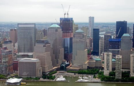 One World Trade Center under construction behind the World Financial Center in June 2011.