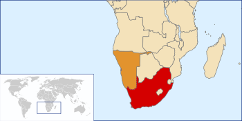 Location of the Union of South Africa. South West Africa shown as disputed area (administered as 5th province of the Union).