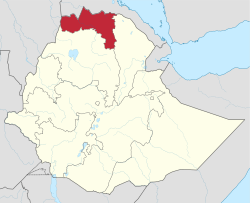 خريطة إثيوپيا موضح عليها موقع إقليم تگراي.