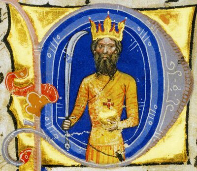 Chronicon Pictum, Attila, Hun, Hungarian, King, sword, saber, crown, orb, beard, medieval, chronicle, book, illumination, illustration, history