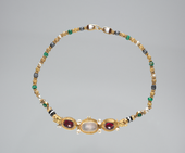 Necklace; circa 200 BC; gold, moonstone, garnet, emerald, cornelian, baroque pearl and banded agate; overall: 39.4 cm; Cleveland Museum of Art (Cleveland, USA)