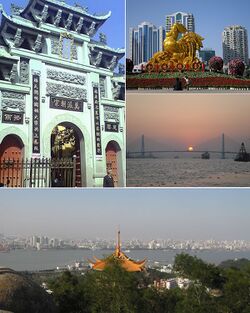 From top:Zhengguo Temple, Renmin Square, Queshi Bridge, Shantou overview.