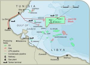 موقع حقل البوري على الحدود البحرية بين تونس وليبيا