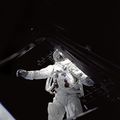 Rusty Schweickart stands on the porch of Spider during his extravehicular activity on the fourth day of the mission