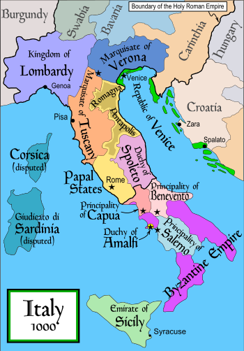 Italy in 1000. The Emirate of Sicily is coloured in light green.