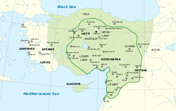 Map of the Hittite Empire at its greatest extent, with Hittite rule ca. 1350–1300 BC represented by the green line