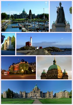 Clockwise from top left: The Inner Victoria Harbour, Statue of Queen Victoria, the Fisgard Lighthouse, Neo-Baroque architecture of the British Columbia Parliament Buildings, The British Columbia Parliament Buildings, The Empress Hotel, and The Christ Church Cathedral.