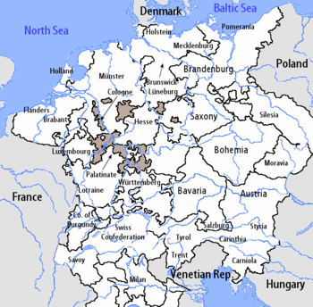 بعد 1512، شكلت أراضي الپالاتينات جزءاً من الدائرة الرنية الناخبية، مبينة باللون البني.
