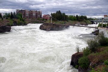 The Spokane River rushes past Canada island in Riverfront Park