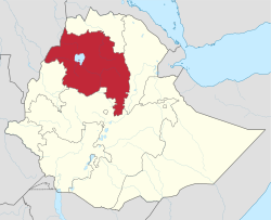 خريطة إثيوپيا موضح عليها موقع إقليم أمهرة.