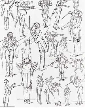 A series of line drawings of a man in exaggerated poses, holding a conductor's baton.