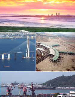 From top: مدينة سونگدو الجديدة، جسر إنشئون، مطار إنشئون الدولي، وميناء إنشئون