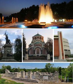 Top:A fountain in Vazrazhdane Square, Middle left:A monument of Alexander of Battenberg, Center:Saint George Mausoleum the Conqueror Chapel, Middle right:Pleven Epopee Museum, Bottom:Storgozia Fortless