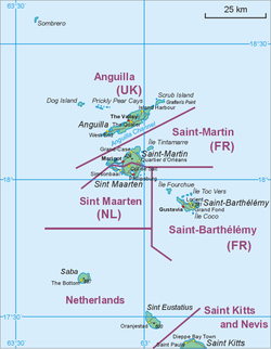 Map showing the location of St. Eustatius relative to Saba and St. Martin