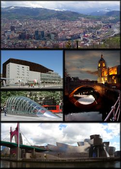Clockwise from top: Panorama from mount Artxanda, church of San Antón, Bilbao Guggenheim Museum, Fosterito, and Euskalduna Palace