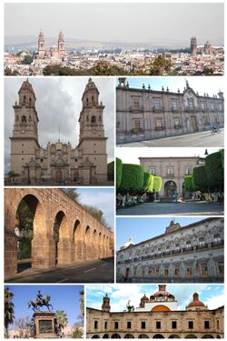 From top to bottom, from left to right: View of the city, the Cathedral of Morelia, the Aqueduct of Morelia, the Government Palace of Michoacán, the main square, the Federal Palace, the Monument to José María Morelos y Pavón and the Clavijero Cultural Center