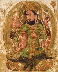 Paintings by the Khotanese artist Yuchi Yiseng or his father Yuchi Bazhina (尉遲跋質那), Tang dynasty (618-907 AD) Left: painting of an Indian deity on the obverse of a painted panel, most likely depicting Shiva Right: painting of a Persian deity on the reverse of a painted panel, probably depicting the legendary hero Rustam