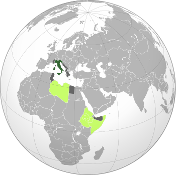 الأخضر: مملكة إيطاليا الليموني: المستعمرات/الممتلكات الإيطالية الرمادي الداكن: الأراضي التي تحتها إيطاليا ومحمياتها