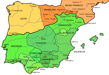 خريطة مملكة ليون عام 1030. الحدود البرتقالية تبين أراضي ليون.