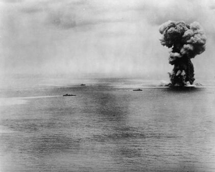 The super battleship Yamato explodes after persistent attacks from US aircraft.