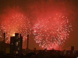 New York City's fireworks display, shown above over the East Village, is sponsored by Macy's and is the largest[18] in the country
