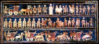 "War"-panel of the Standard of Ur, ca. 2600 BC, showing parading men, animals and chariots