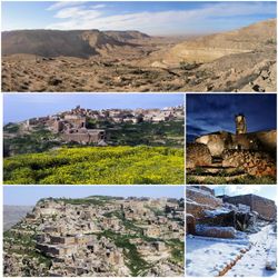 Top: The view from the city of Yafran; Middle Left: Yellow blossom flowers blooming in spring; Middle right: Ancient church in Yafran; Bottom left: The ancient ruin town of Yafran Bottom right: The houses in Yafran covered with snow