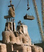 Historical photo depicting moving of the statues of the Abu Simbel temple using a crane