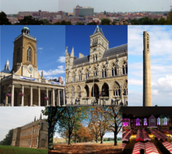 From top left: Skyline of Northampton town centre from Delapre Park; All Saints' Church; Northampton Guildhall; the National Lift Tower; Delapré Abbey; Abington Park; Market Square