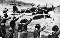 Japanese high school girls wave farewell to a kamikaze pilot departing to Okinawa