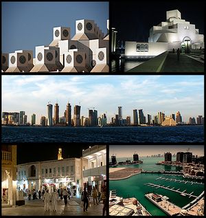 From top: Qatar University, Museum of Islamic Art, Doha Skyline, Souq Waqif, The Pearl