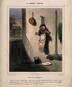 طفل يبكي وقد علقته المربية على الحائط، وذهبت ترقص. ليثوگراف ملون من هـ. دومييه، حوالي 1850.
