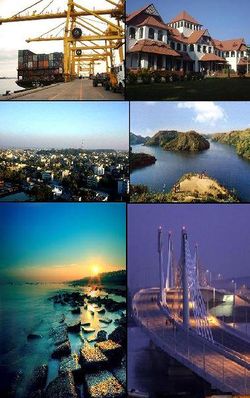 مع عقارب الساعة من أعلى اليسار: ميناء چيتاگونگ، متحف ضياء التذكاري، بحيرة فوي، جسر شاه أمانت، شاطئ پاتنگا، أفق چيتاگونگ.