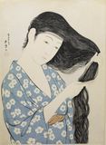 Hashiguchi Goyo, Woman in Blue Combing Her Hair,Japan, 1920