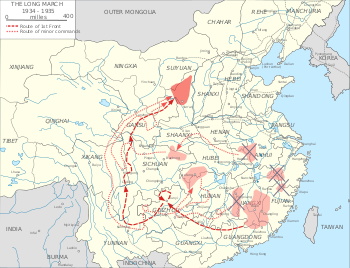 Map of the various Soviets comprising the Chinese Soviet Republic and the route of the Long March