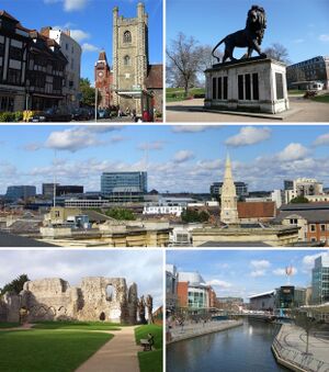From top left: Reading's medieval Market Place with Town Hall and 11th century St Laurence's Church, the Maiwand Lion, the Town Centre skyline from the Royal Berkshire Hospital, the 12th Century Reading Abbey ruins, The Oracle shopping centre and River Kennet